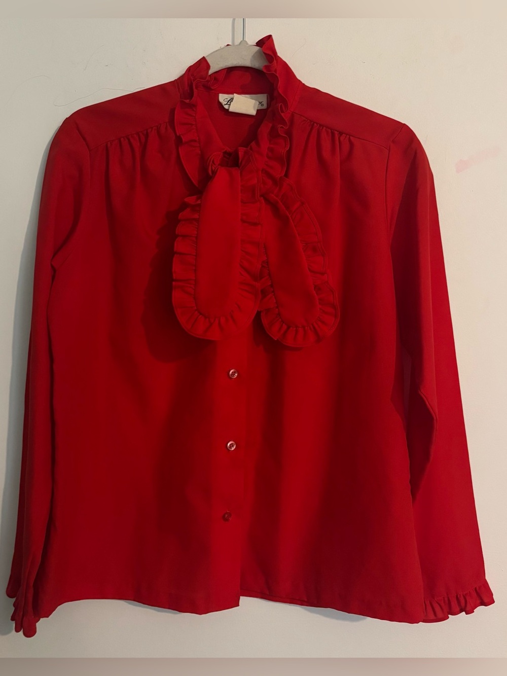 Vintage Lucky Winner Womens SZ‎ 13/14 Red Ruffled High Collar Secretary Blouse